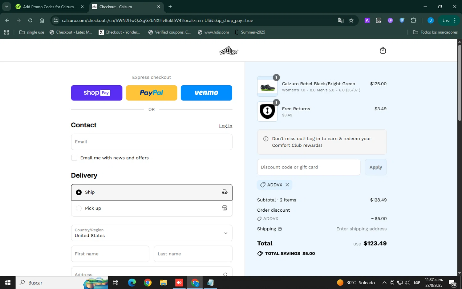 Calzuro coupon code screenshot showing code ADDVX applied at Calzuro checkout page. Uploaded by SimplyCodes community member Xemocodes on Aug 27, 2025