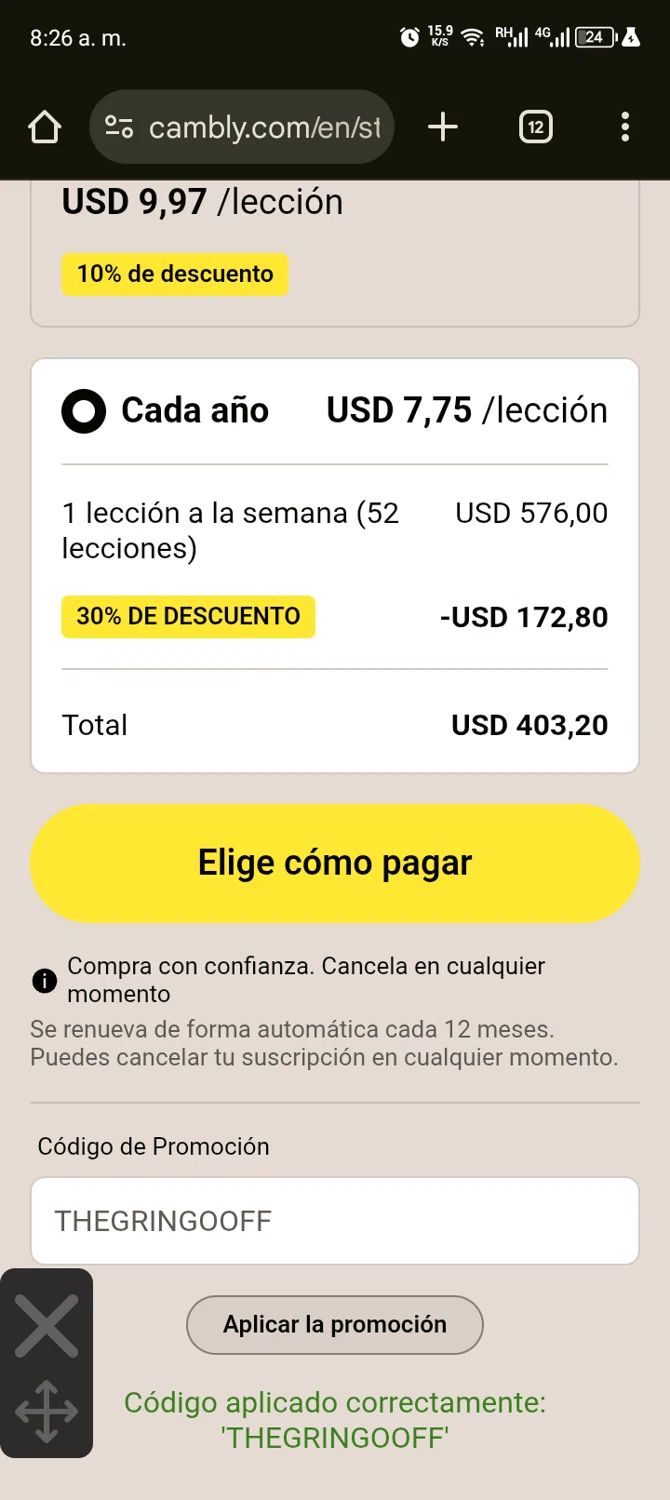 Cambly promo code screenshot showing code THEGRINGOOFF applied at Cambly checkout page. Uploaded by SimplyCodes community member ScanShopper554 on Jul 26, 2025