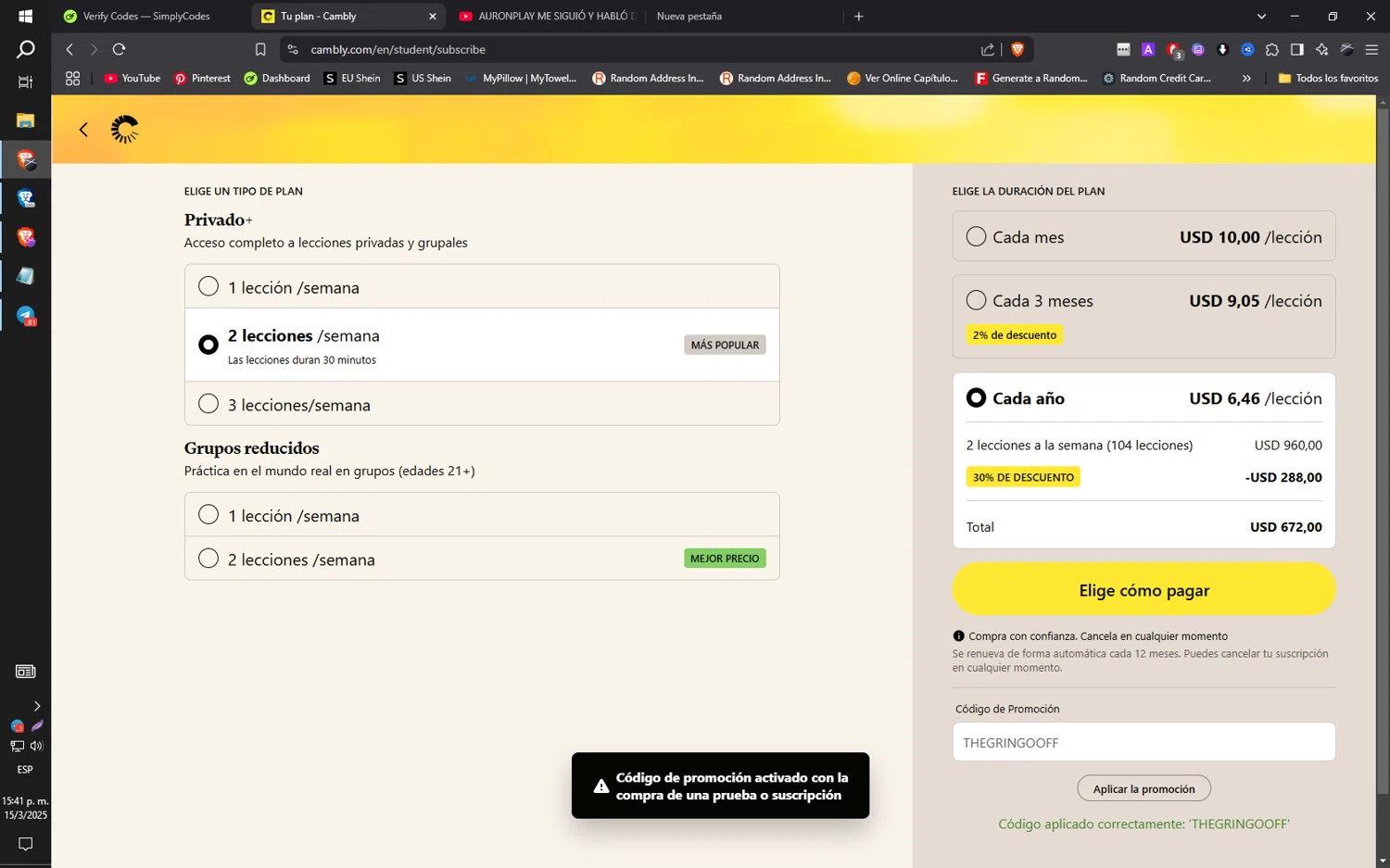 Cambly promo code screenshot showing code THEGRINGOOFF applied at Cambly checkout page. Uploaded by SimplyCodes community member ilarrazaM1 on Mar 15, 2025