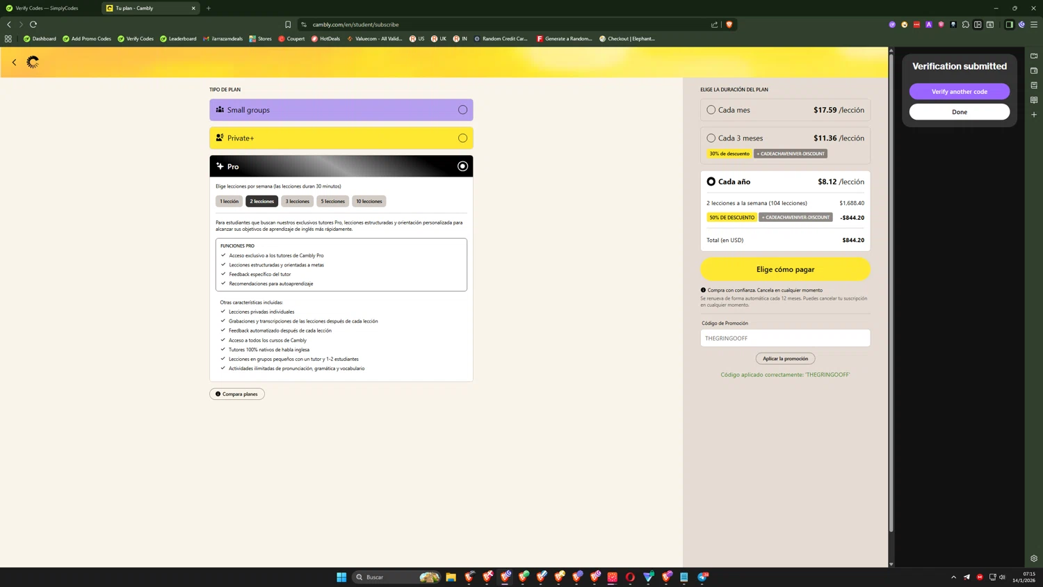 Cambly checkout page showing Cambly promo code box | Screenshot taken by SimplyCodes community member on Jan 14, 2026