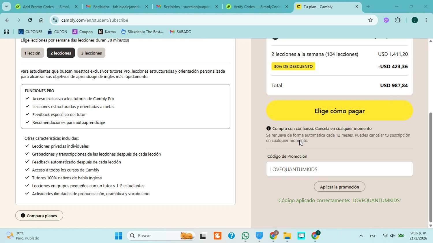 Cambly checkout page showing Cambly promo code box | Screenshot taken by SimplyCodes community member on Feb 22, 2026