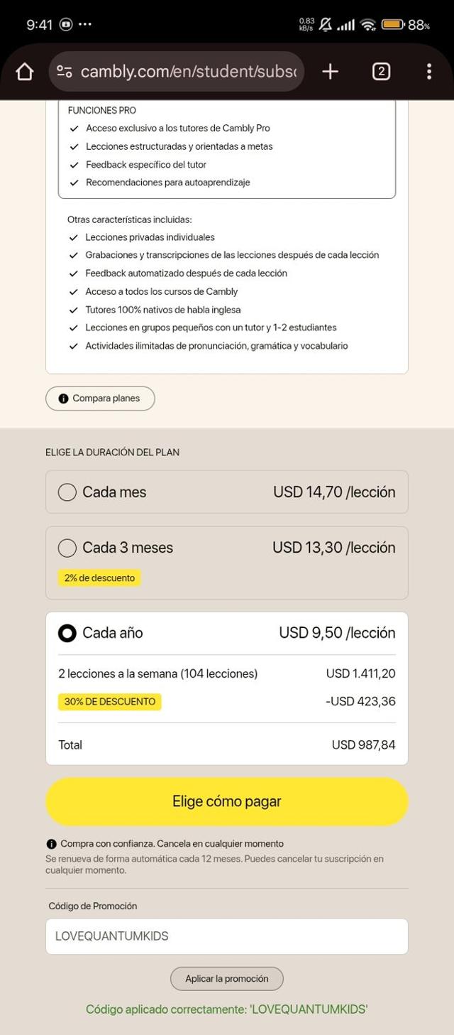 Cambly checkout page showing Cambly promo code box | Screenshot taken by SimplyCodes community member on Aug 28, 2025