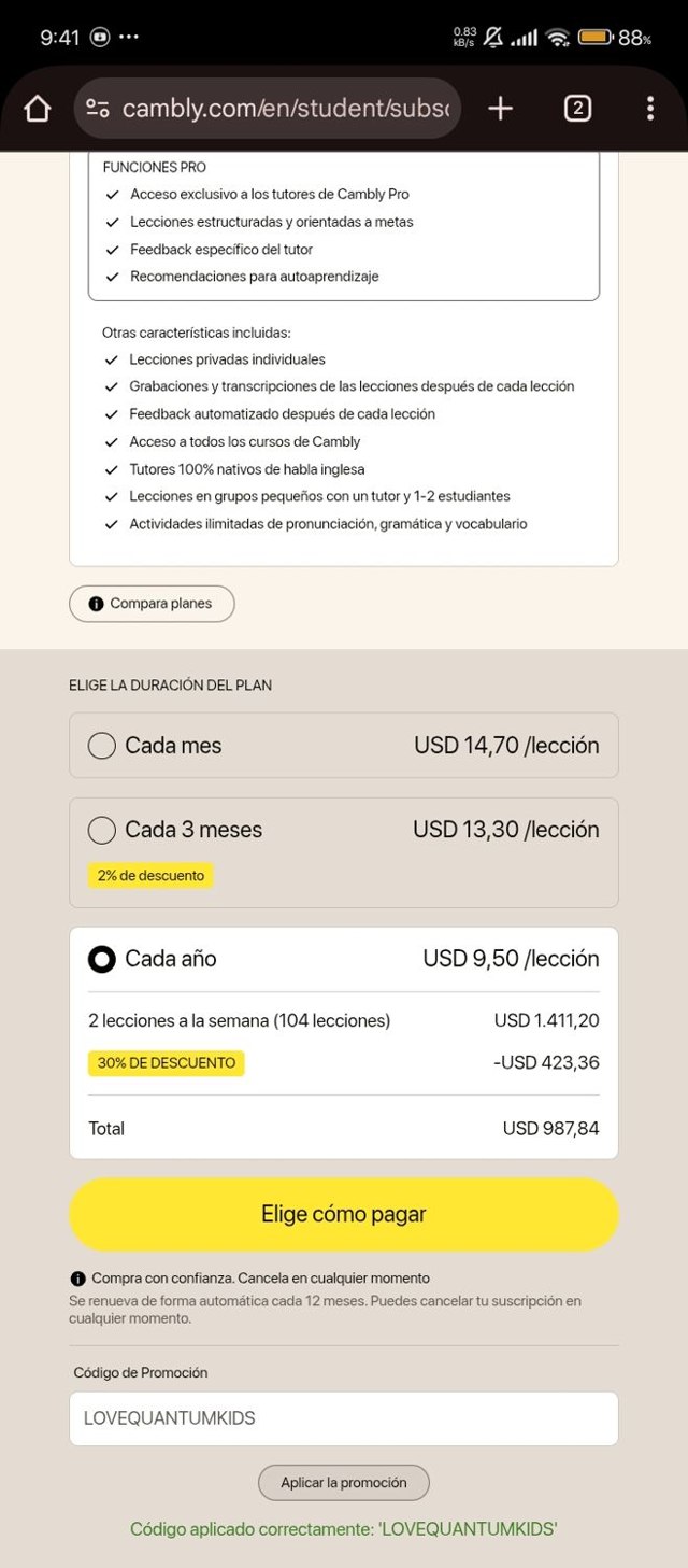 Cambly checkout page showing Cambly promo code box | Screenshot taken by SimplyCodes community member on Aug 28, 2025