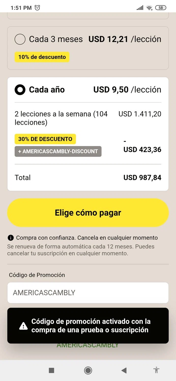 Cambly promo code screenshot showing code AMERICASCAMBLY applied at Cambly checkout page. Uploaded by SimplyCodes community member MightyBoss9975 on Sep 29, 2025