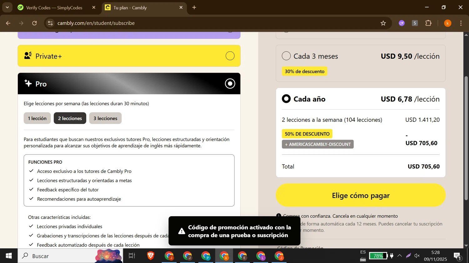 Cambly promo code screenshot showing code AMERICASCAMBLY applied at Cambly checkout page. Uploaded by SimplyCodes community member MoneyShopper1883 on Nov 9, 2025