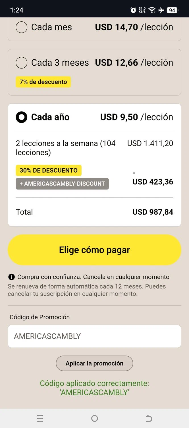 Cambly promo code screenshot showing code AMERICASCAMBLY applied at Cambly checkout page. Uploaded by SimplyCodes community member NARUTO_UZUMAKIsx on Dec 14, 2025