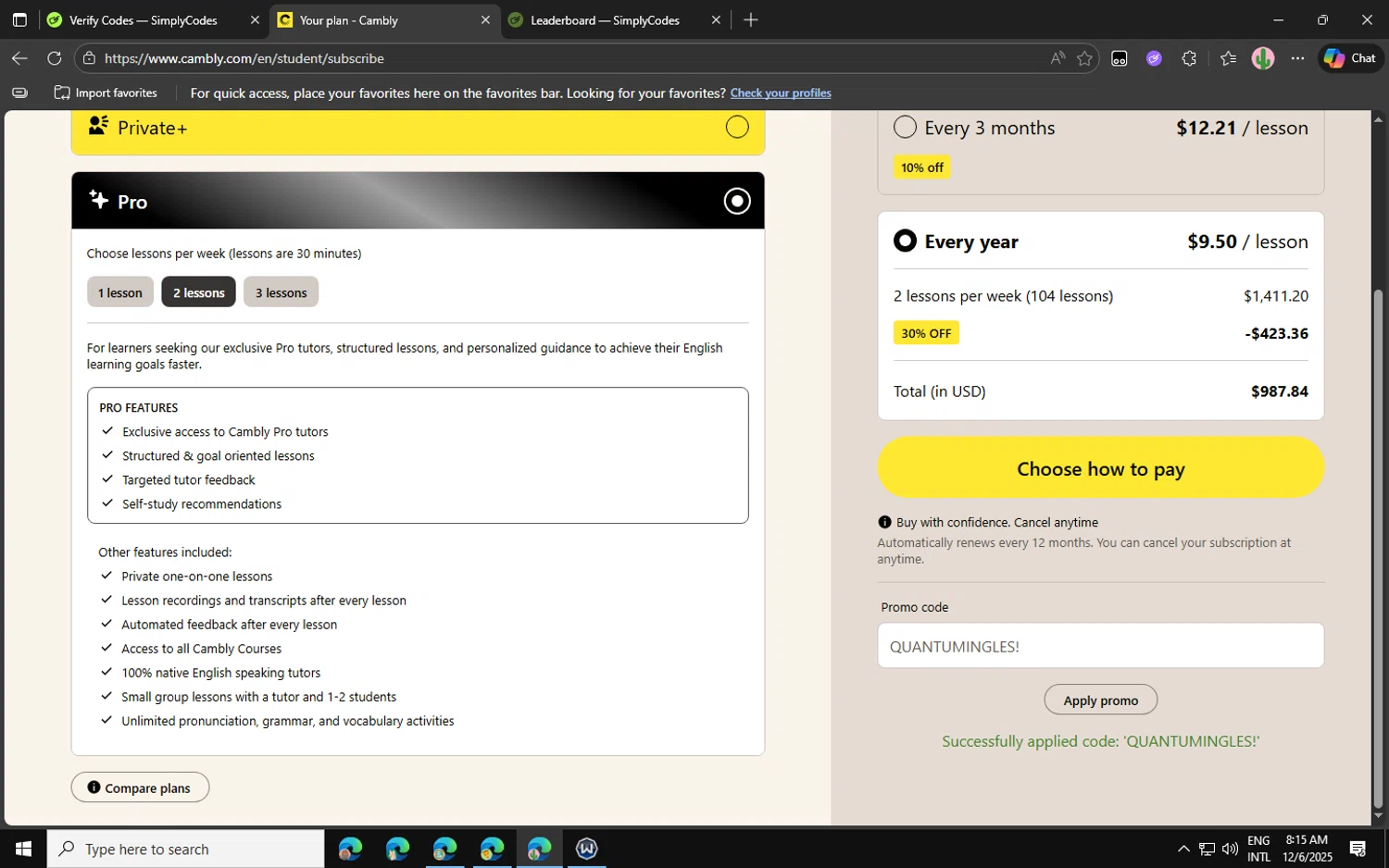 Cambly promo code screenshot showing code QUANTUMINGLES! applied at Cambly checkout page. Uploaded by SimplyCodes community member Jvllsk1 on Dec 6, 2025
