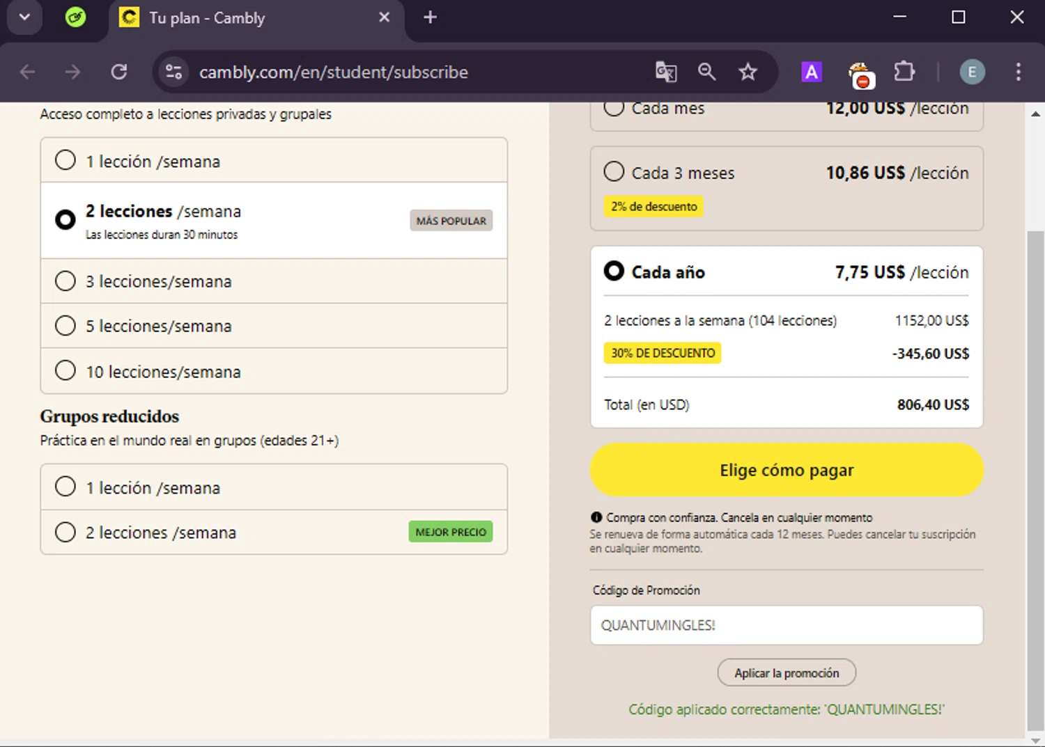 Cambly promo code screenshot showing code QUANTUMINGLES! applied at Cambly checkout page. Uploaded by SimplyCodes community member LuckyExpert7689 on Mar 6, 2025