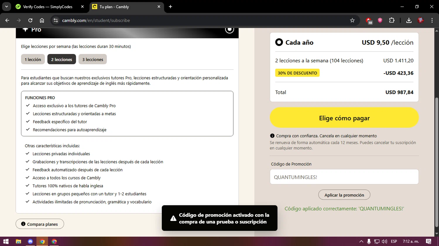 Cambly checkout page showing Cambly promo code box | Screenshot taken by SimplyCodes community member on Feb 18, 2026