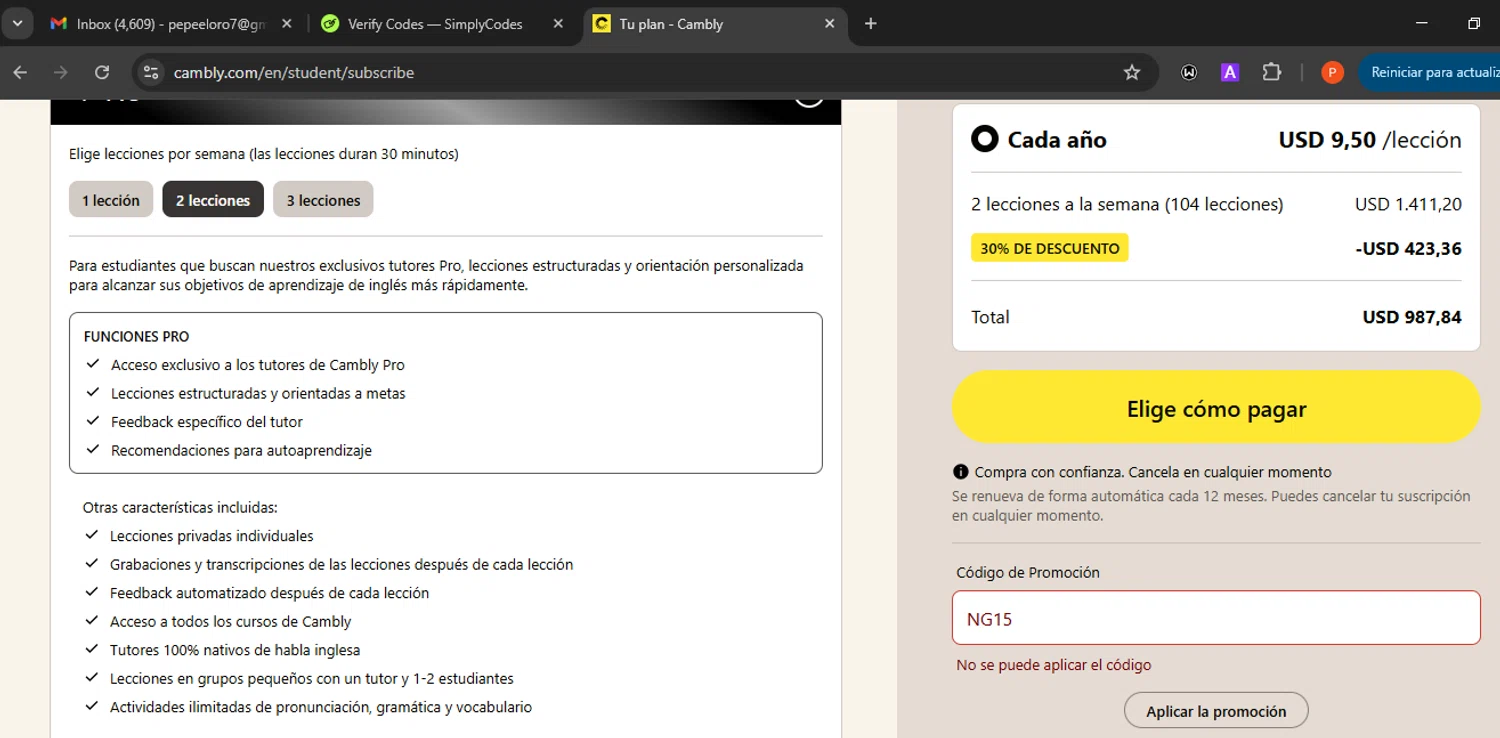 Cambly promo code screenshot showing code QUANTUMBILINGUE1 applied at Cambly checkout page. Uploaded by SimplyCodes community member Eminem on Feb 16, 2026