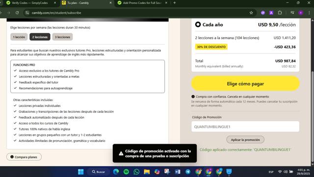 Cambly checkout page showing Cambly promo code box | Screenshot taken by SimplyCodes community member on Sep 29, 2025