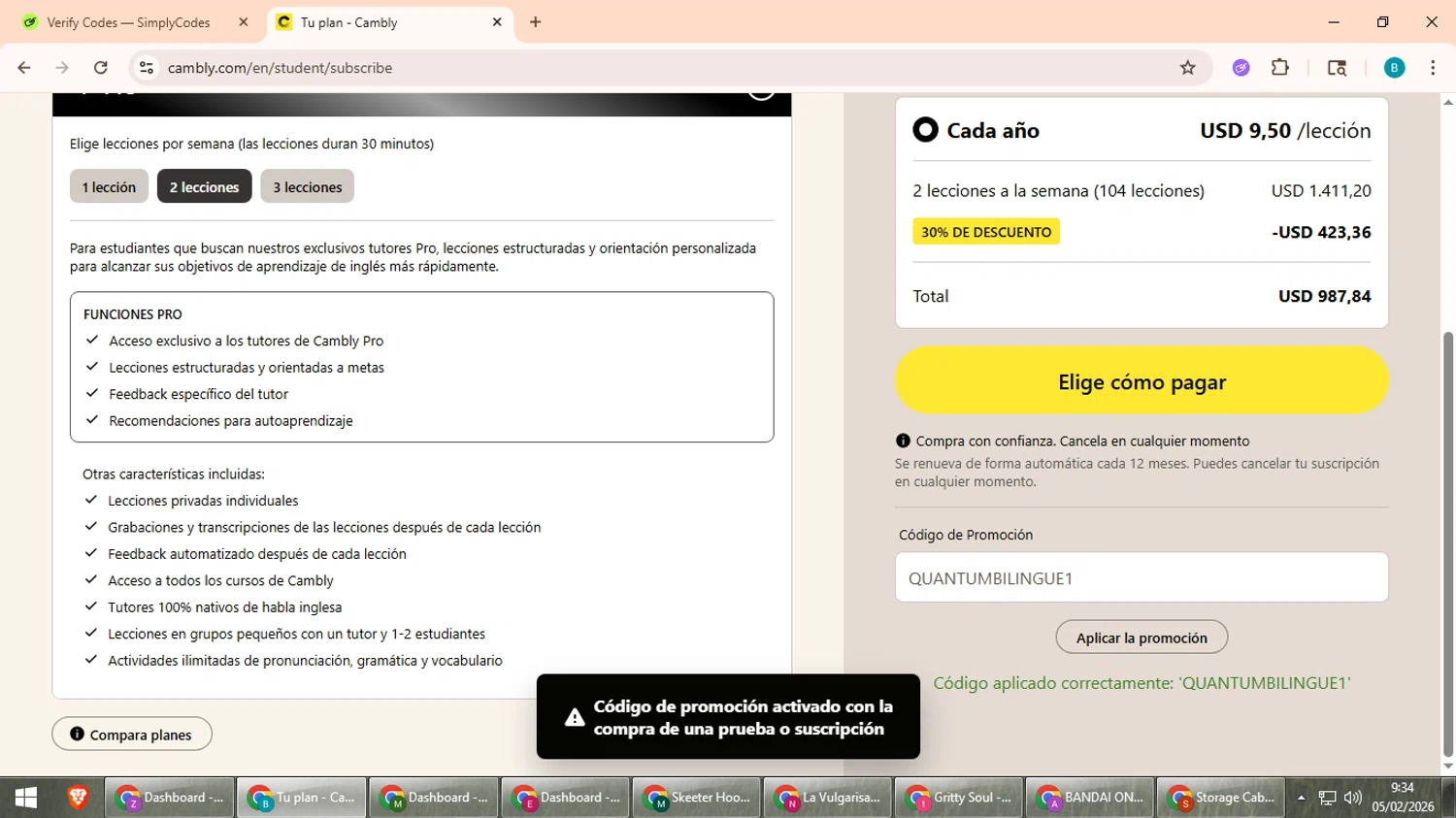 Cambly checkout page showing Cambly promo code box | Screenshot taken by SimplyCodes community member on Feb 5, 2026