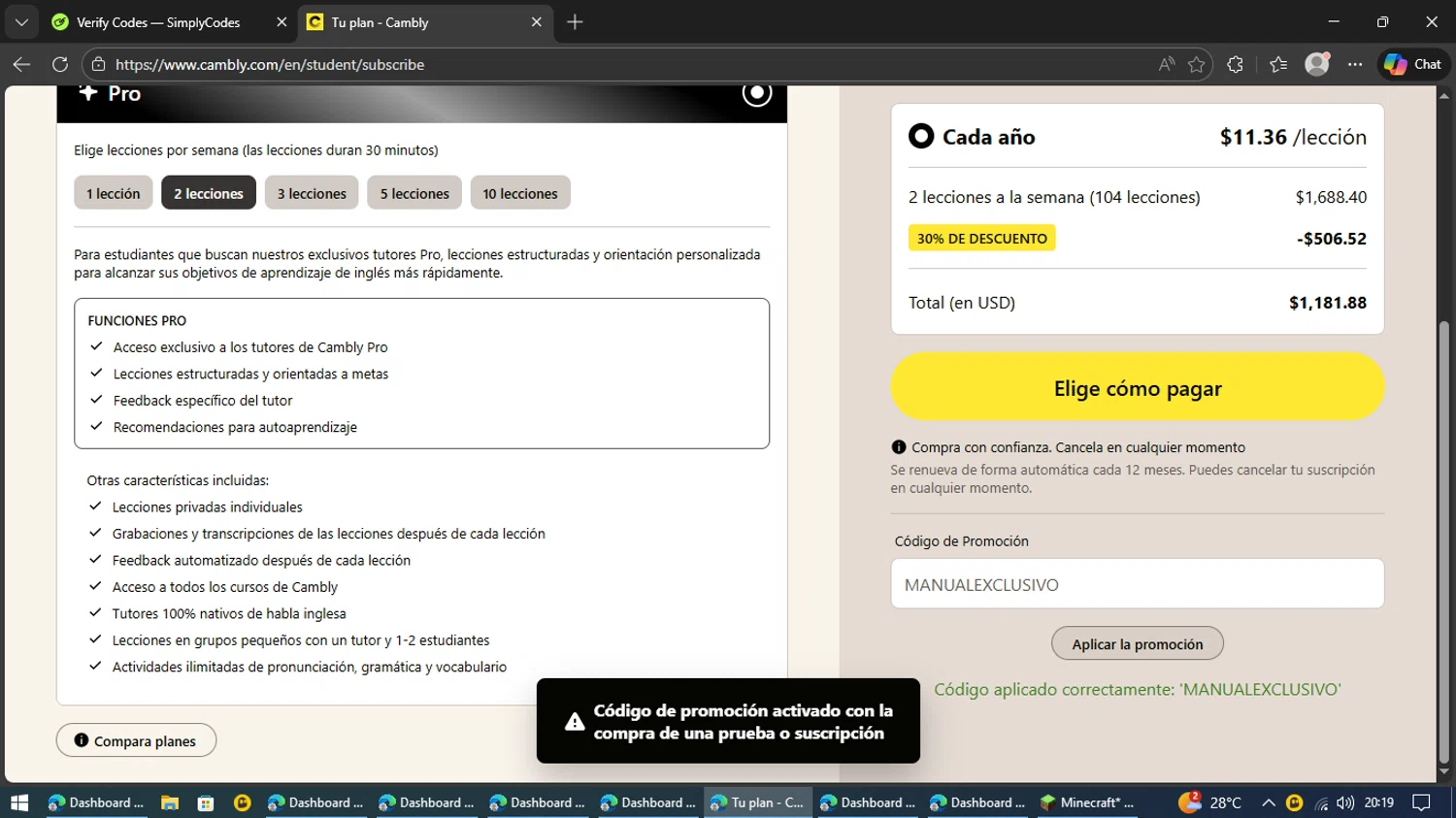 Cambly checkout page showing Cambly promo code box | Screenshot taken by SimplyCodes community member on Feb 13, 2026