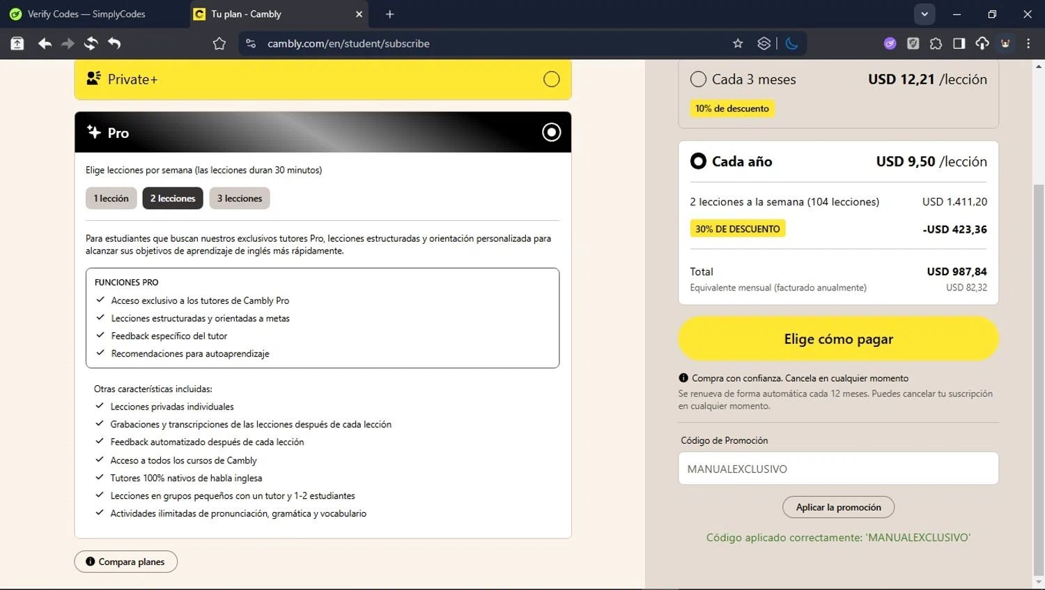 Cambly promo code screenshot showing code MANUALEXCLUSIVO applied at Cambly checkout page. Uploaded by SimplyCodes community member ValiantHunter5929 on Oct 9, 2025