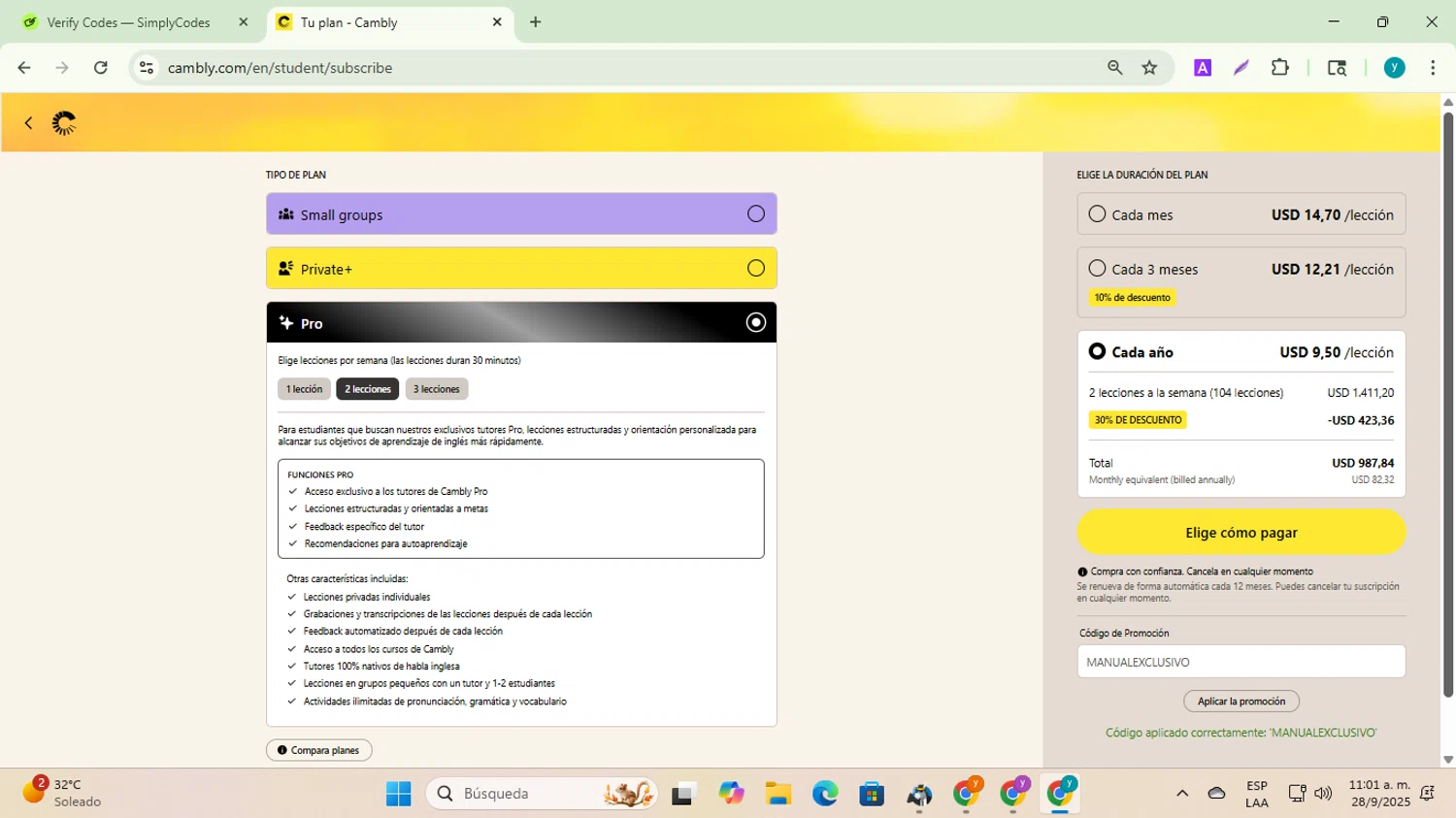 Cambly promo code screenshot showing code MANUALEXCLUSIVO applied at Cambly checkout page. Uploaded by SimplyCodes community member yadiracg074 on Sep 28, 2025