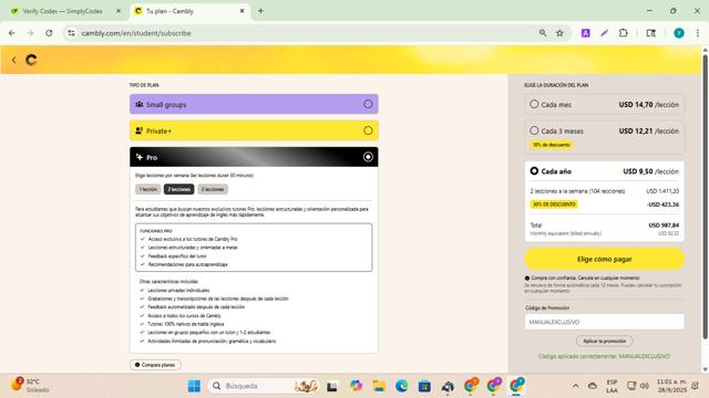 Cambly checkout page showing Cambly promo code box | Screenshot taken by SimplyCodes community member on Sep 28, 2025