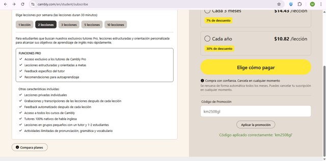 Cambly checkout page showing Cambly promo code box | Screenshot taken by SimplyCodes community member on Aug 5, 2025