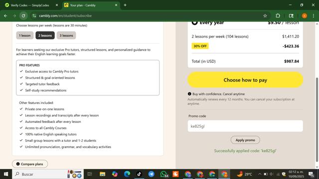 Cambly checkout page showing Cambly promo code box | Screenshot taken by SimplyCodes community member on Sep 10, 2025