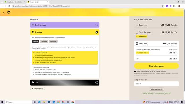 Cambly checkout page showing Cambly promo code box | Screenshot taken by SimplyCodes community member on Aug 20, 2025