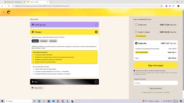Cambly checkout page showing Cambly promo code box | Screenshot taken by SimplyCodes community member on Aug 20, 2025