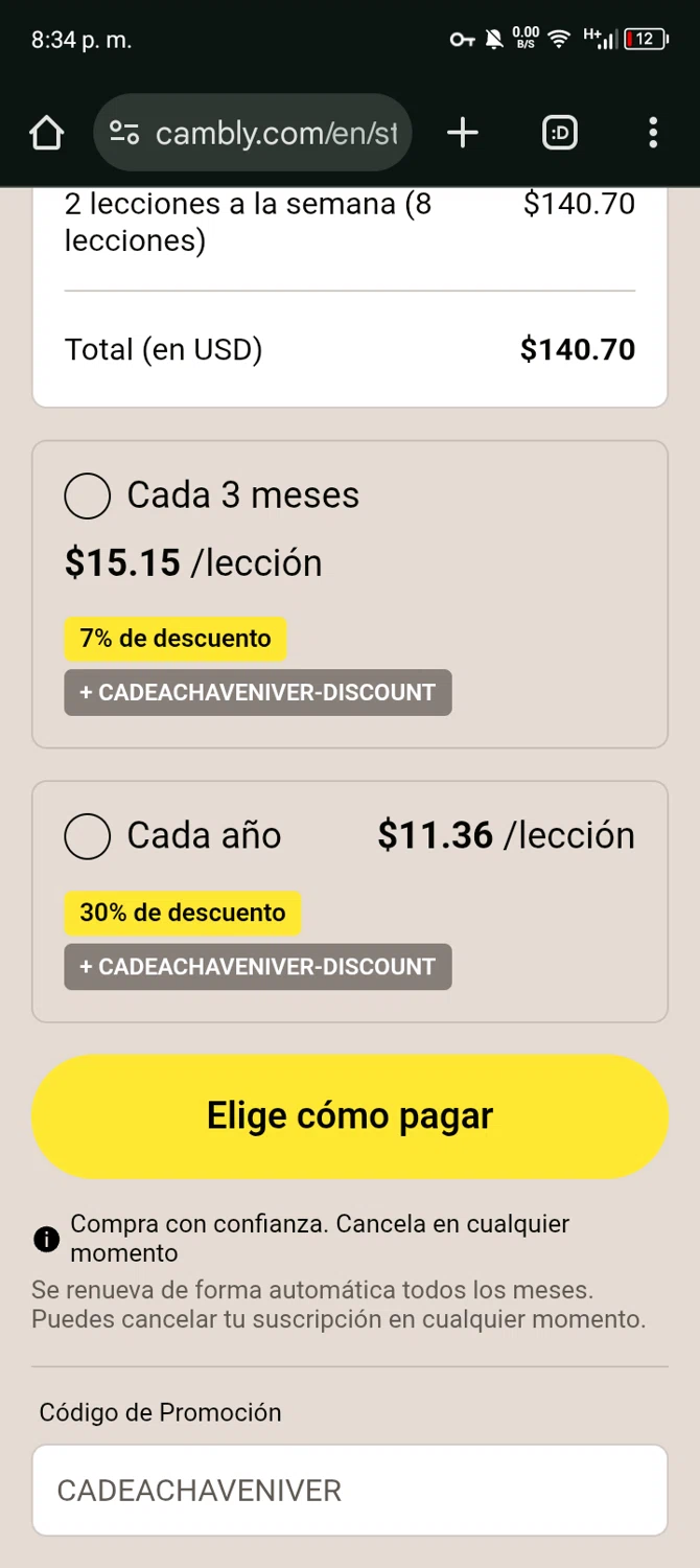 Cambly promo code screenshot showing code CADEACHAVENIVER applied at Cambly checkout page. Uploaded by SimplyCodes community member Bernado on Dec 18, 2025