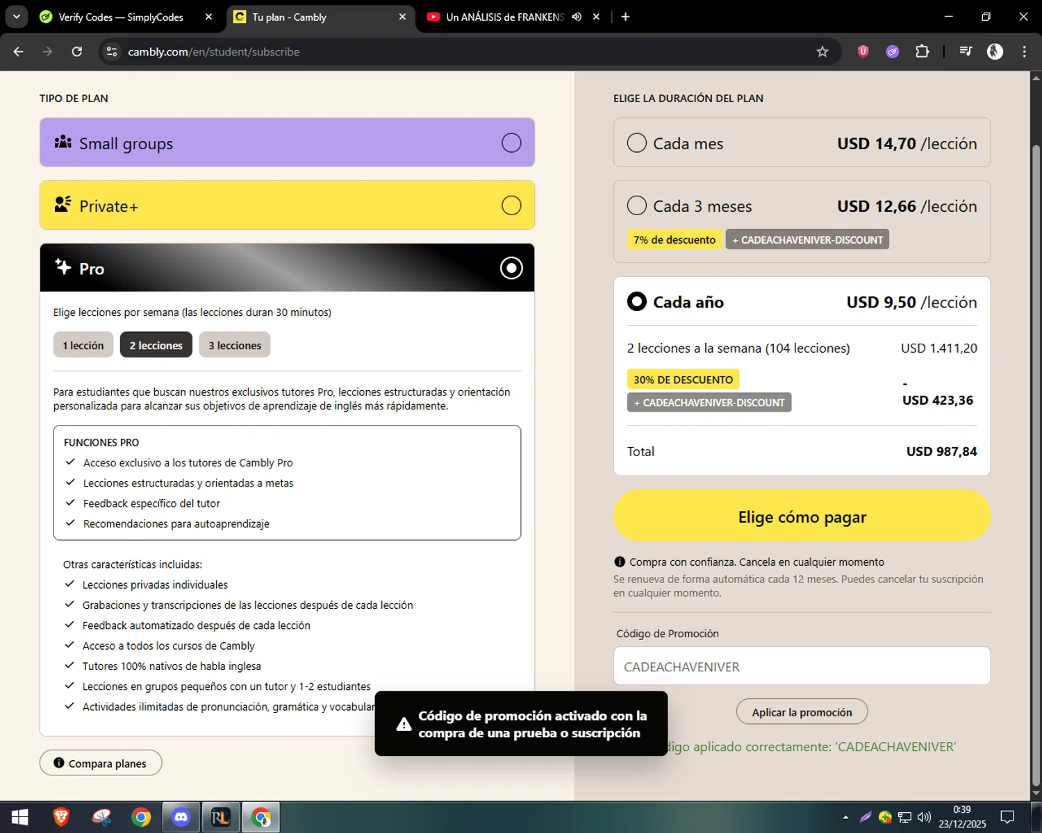 Cambly promo code screenshot showing code CADEACHAVENIVER applied at Cambly checkout page. Uploaded by SimplyCodes community member CleverSentinel9441 on Dec 23, 2025