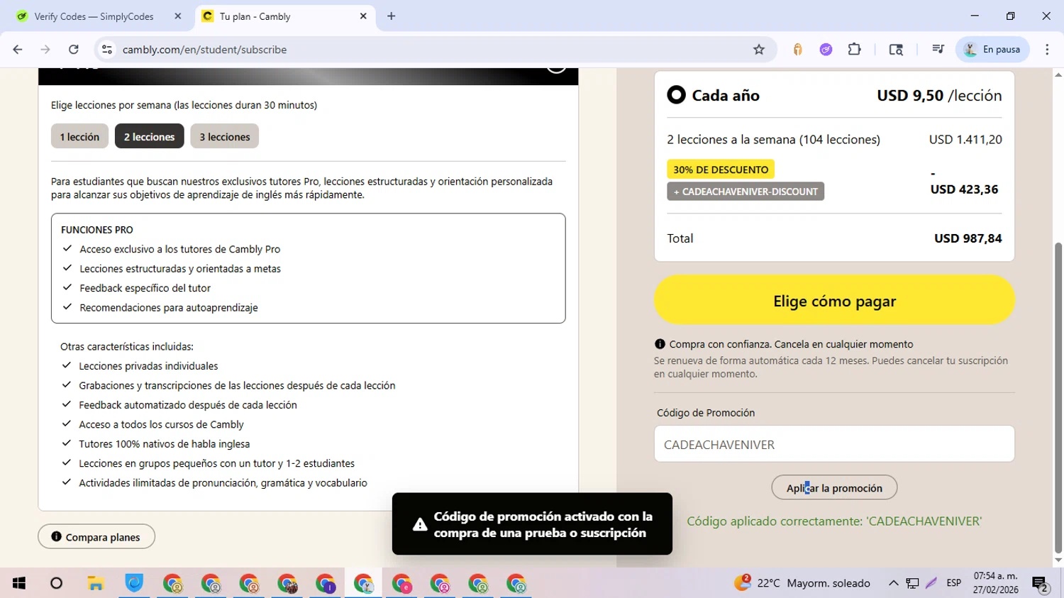 Cambly promo code screenshot showing code CADEACHAVENIVER applied at Cambly checkout page. Uploaded by SimplyCodes community member QuestOwl6864 on Feb 27, 2026