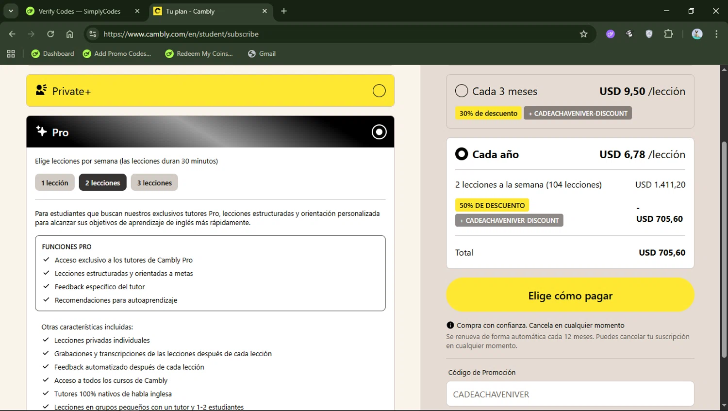 Cambly checkout page showing Cambly promo code box | Screenshot taken by SimplyCodes community member on Jan 6, 2026