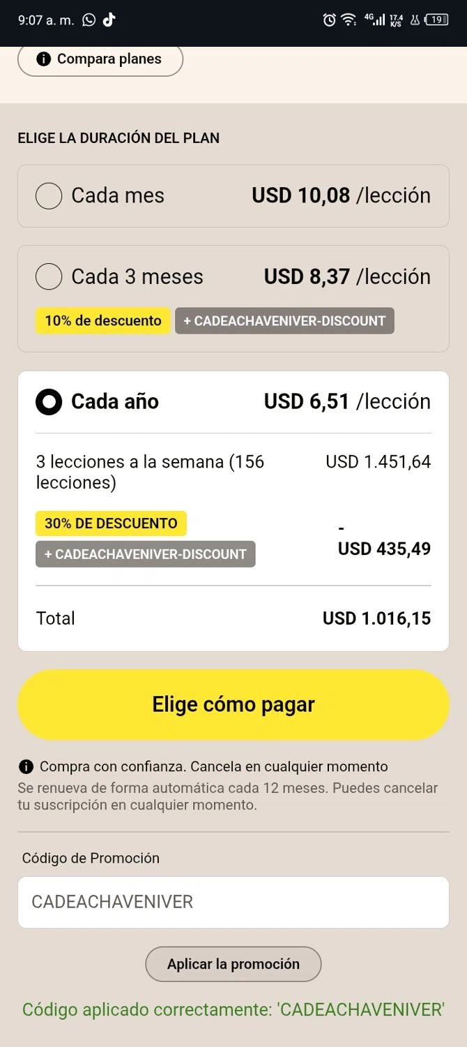 Cambly promo code screenshot showing code CADEACHAVENIVER applied at Cambly checkout page. Uploaded by SimplyCodes community member Xx_Cogeburras3000_xX on Dec 7, 2025