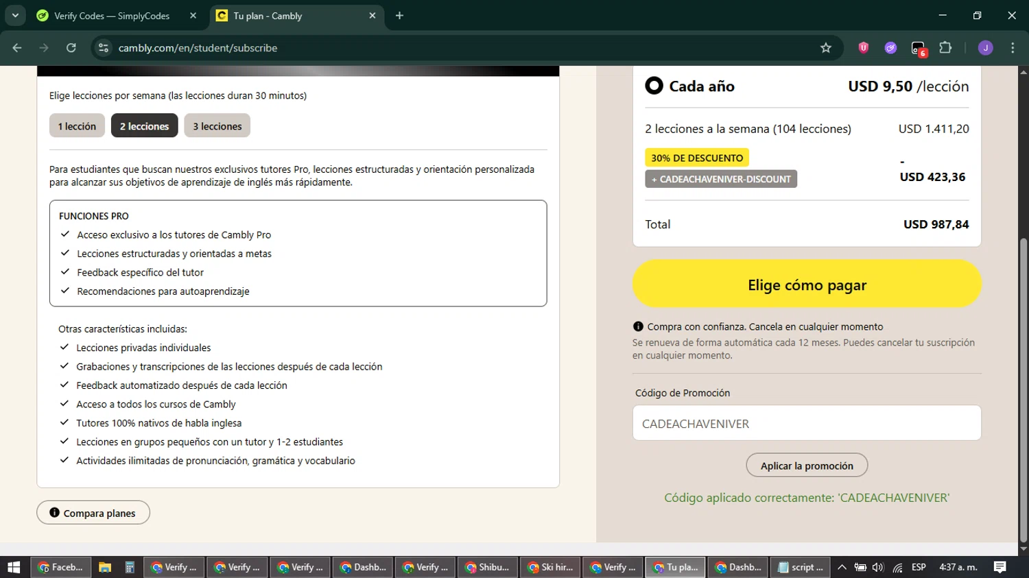 Cambly promo code screenshot showing code CADEACHAVENIVER applied at Cambly checkout page. Uploaded by SimplyCodes community member sniderjack453 on Feb 23, 2026