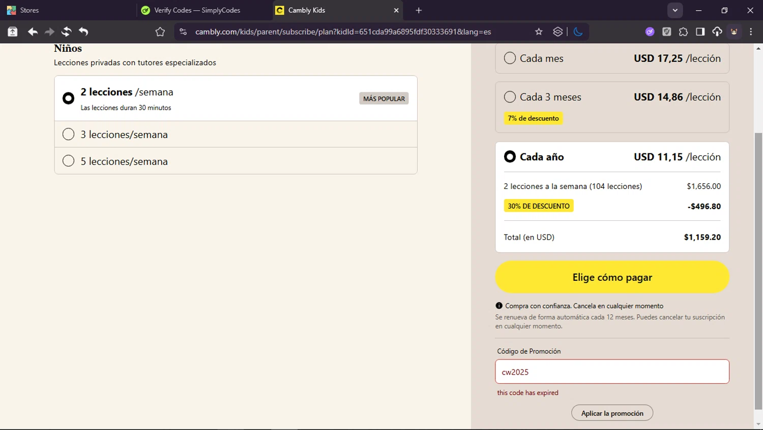 Cambly promo code screenshot showing code cw2025 applied at Cambly checkout page. Uploaded by SimplyCodes community member User_Randon1 on Dec 24, 2025