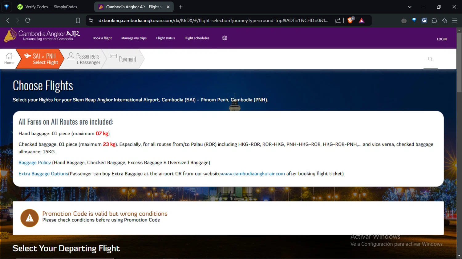 Cambodia Angkor Air checkout page showing Cambodia Angkor Air promo code box | Screenshot taken by SimplyCodes community member on Sep 18, 2024