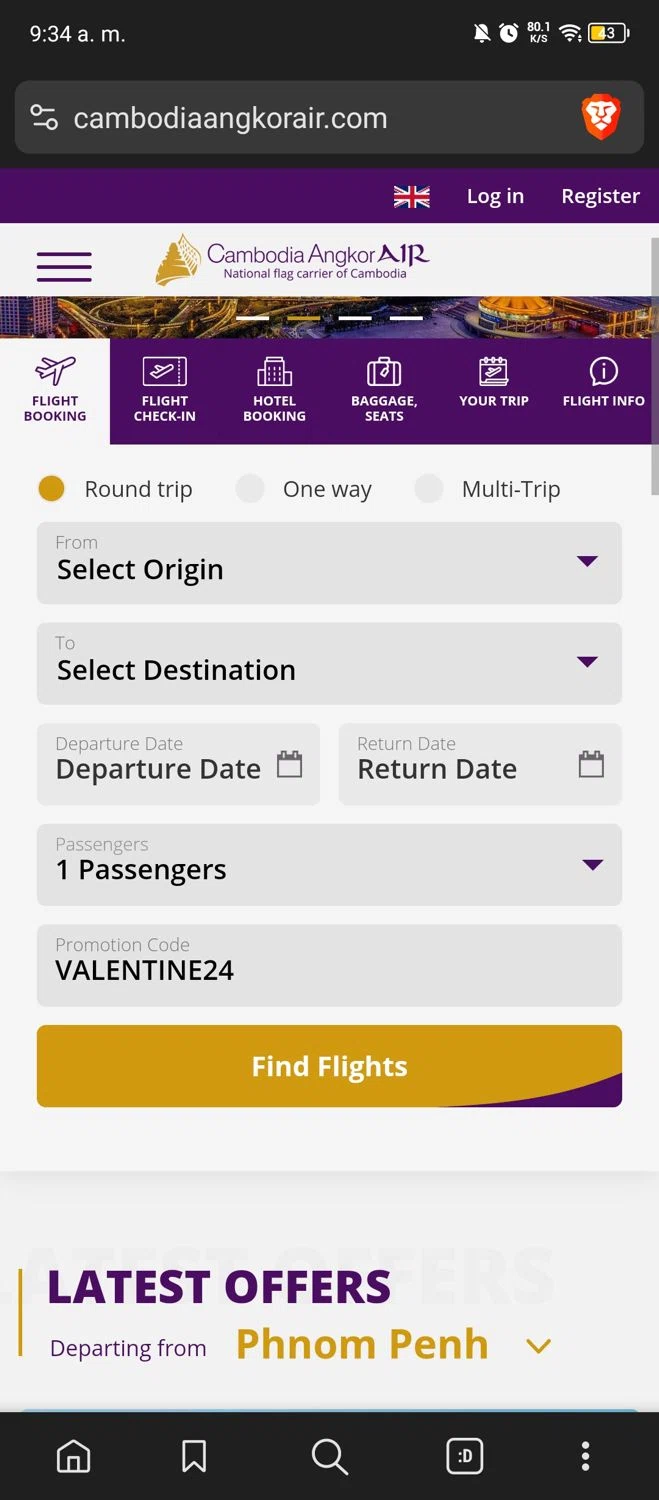 Cambodia Angkor Air checkout page showing Cambodia Angkor Air promo code box | Screenshot taken by SimplyCodes community member on Jul 12, 2024
