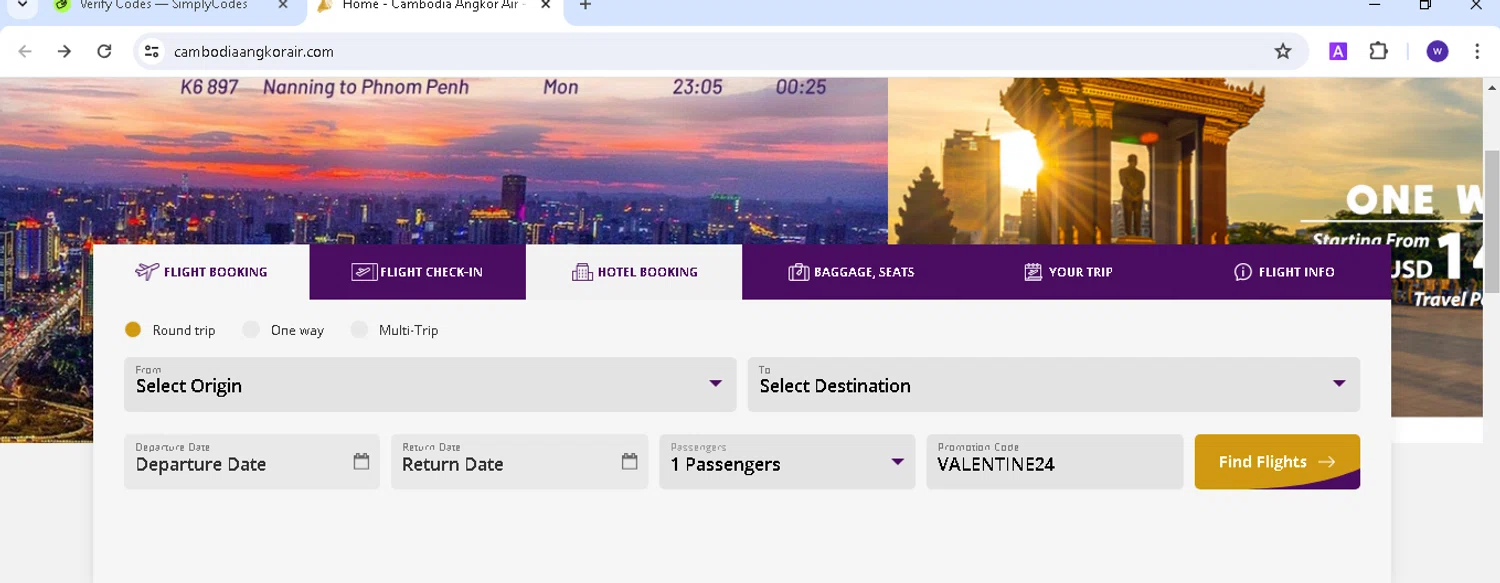 Cambodia Angkor Air checkout page showing Cambodia Angkor Air promo code box | Screenshot taken by SimplyCodes community member on May 15, 2024