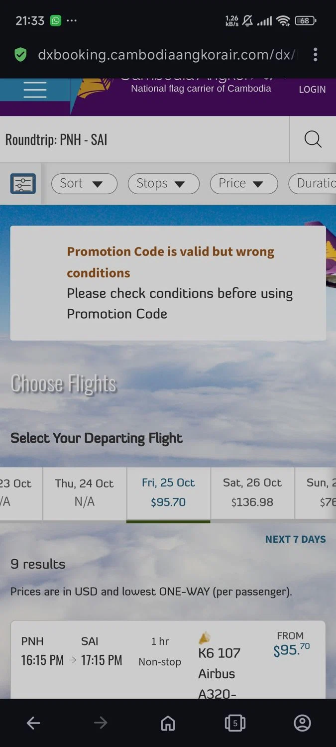 Cambodia Angkor Air checkout page showing Cambodia Angkor Air promo code box | Screenshot taken by SimplyCodes community member on Oct 25, 2024