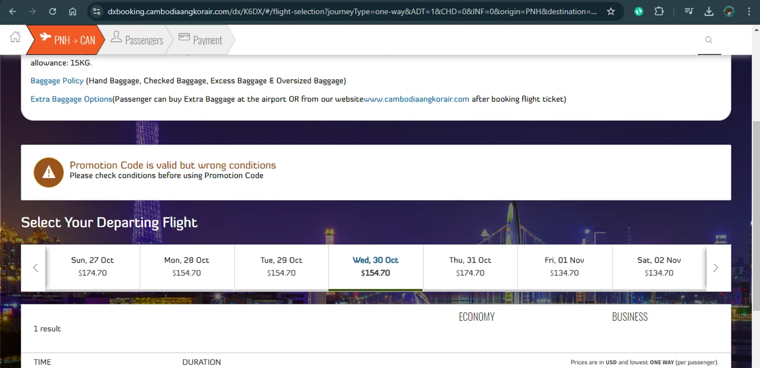 Cambodia Angkor Air checkout page showing Cambodia Angkor Air promo code box | Screenshot taken by SimplyCodes community member on Oct 25, 2024