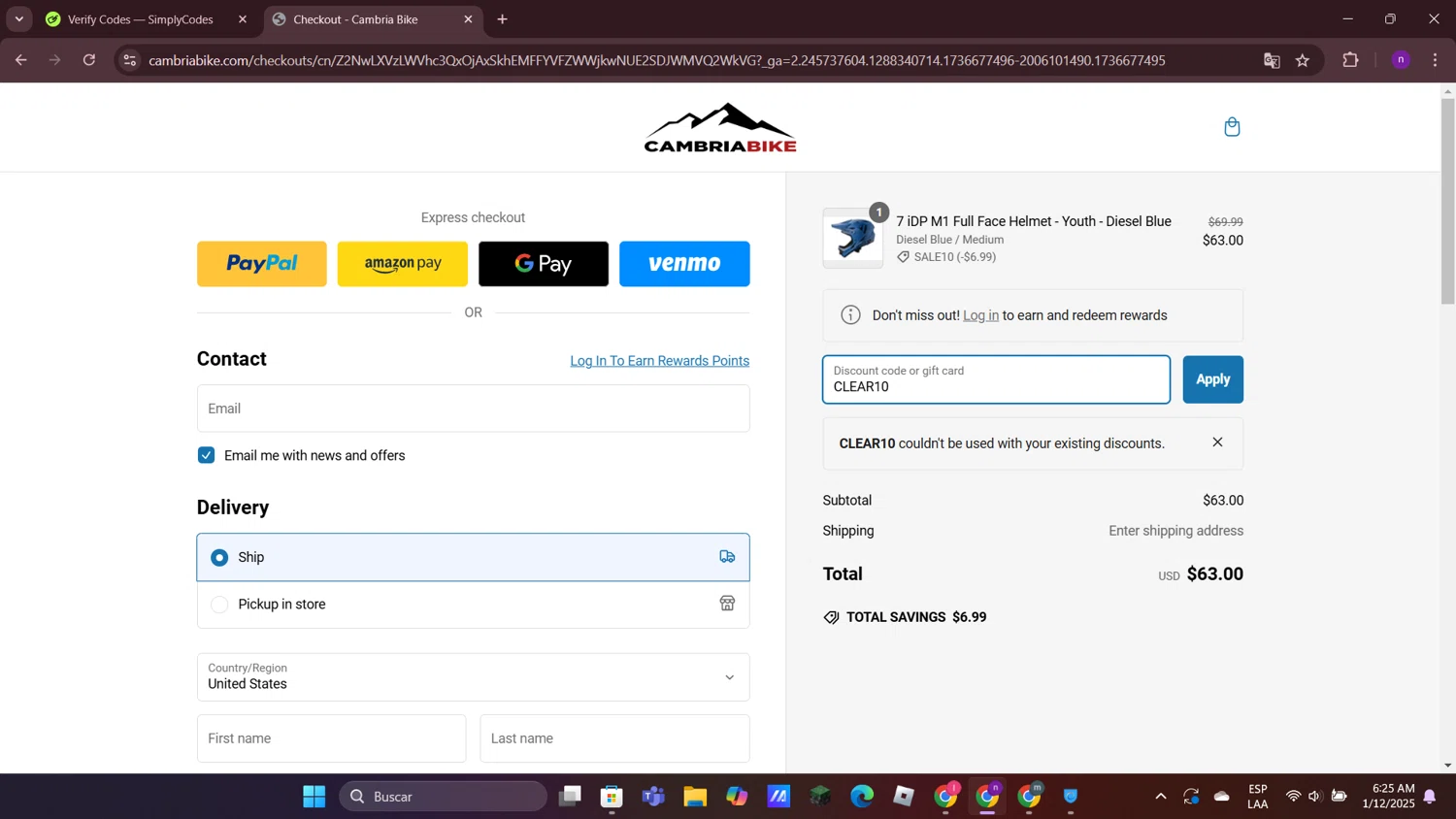 Cambria Bike discount code screenshot showing code CLEAR10 applied at Cambria Bike checkout page. Uploaded by SimplyCodes community member AVAMUSTANG on Jan 12, 2025
