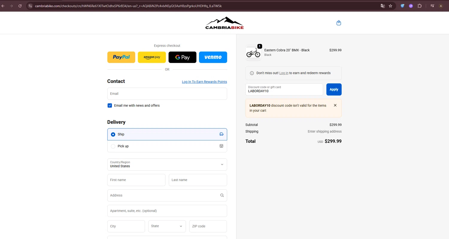 Cambria Bike discount code screenshot showing code LABORDAY10 applied at Cambria Bike checkout page. Uploaded by SimplyCodes community member ShieldTiger5081 on Dec 15, 2025