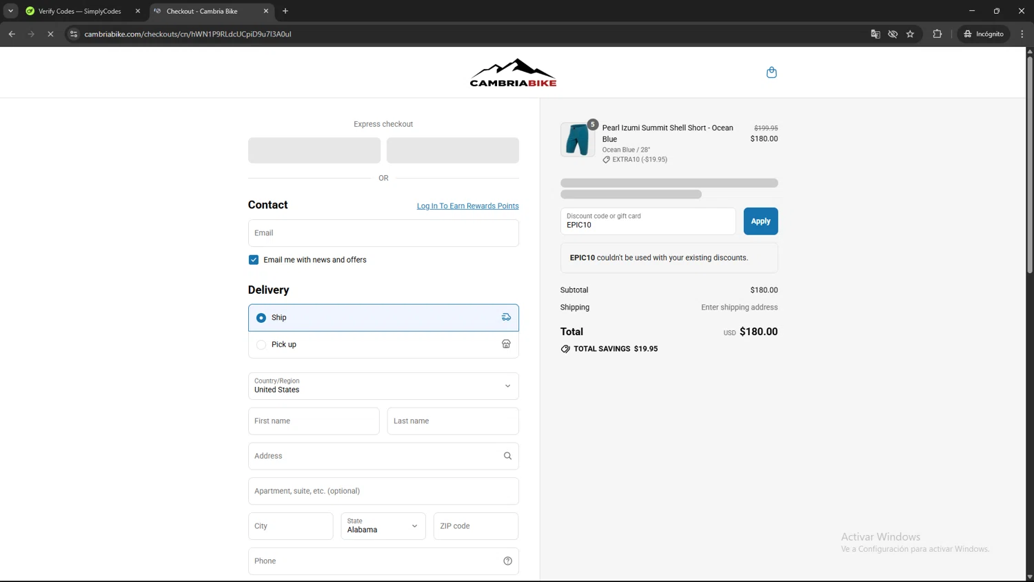 Cambria Bike discount code screenshot showing code EPIC10 applied at Cambria Bike checkout page. Uploaded by SimplyCodes community member TOROREX250 on Aug 4, 2025