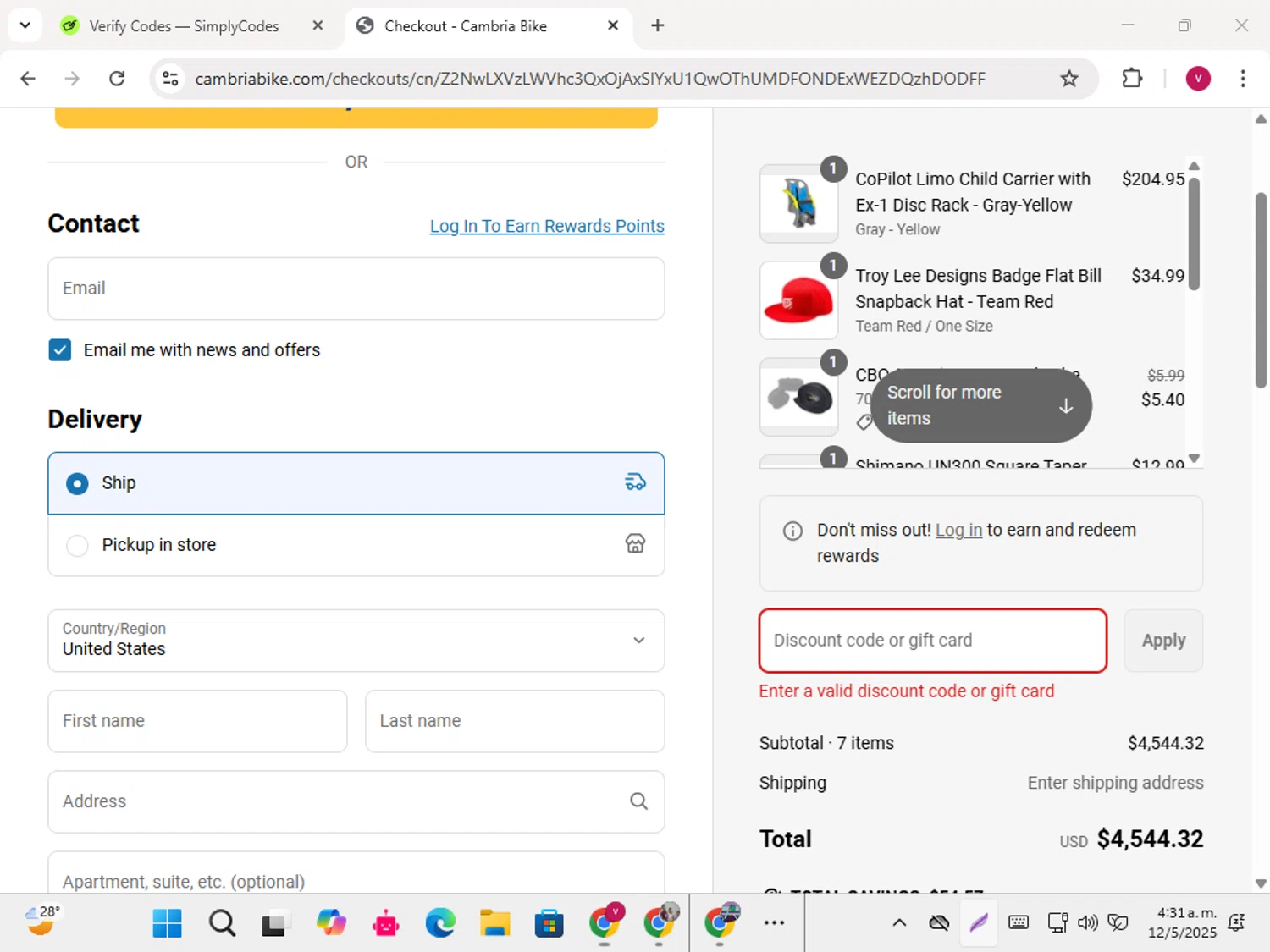Cambria Bike discount code screenshot showing code EPIC10 applied at Cambria Bike checkout page. Uploaded by SimplyCodes community member karoline on May 12, 2025
