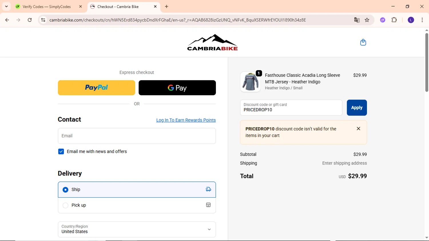 Cambria Bike discount code screenshot showing code PRICEDROP10 applied at Cambria Bike checkout page. Uploaded by SimplyCodes community member EpicWarden3081 on Nov 13, 2025
