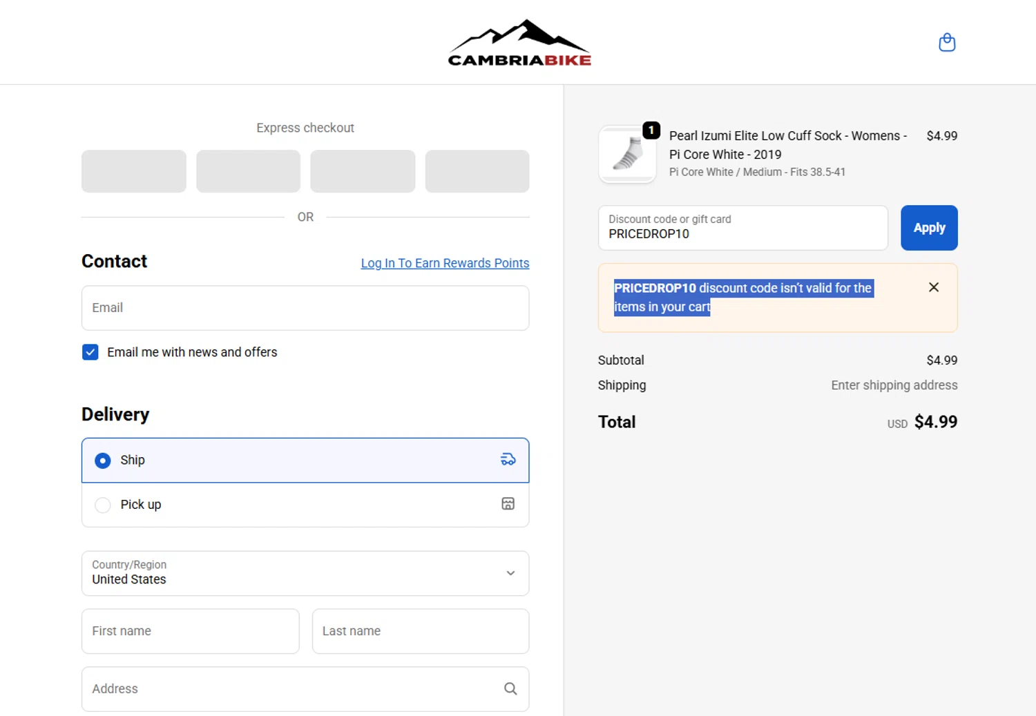 Cambria Bike discount code screenshot showing code PRICEDROP10 applied at Cambria Bike checkout page. Uploaded by SimplyCodes community member Marboroooooooooooo on Oct 31, 2025
