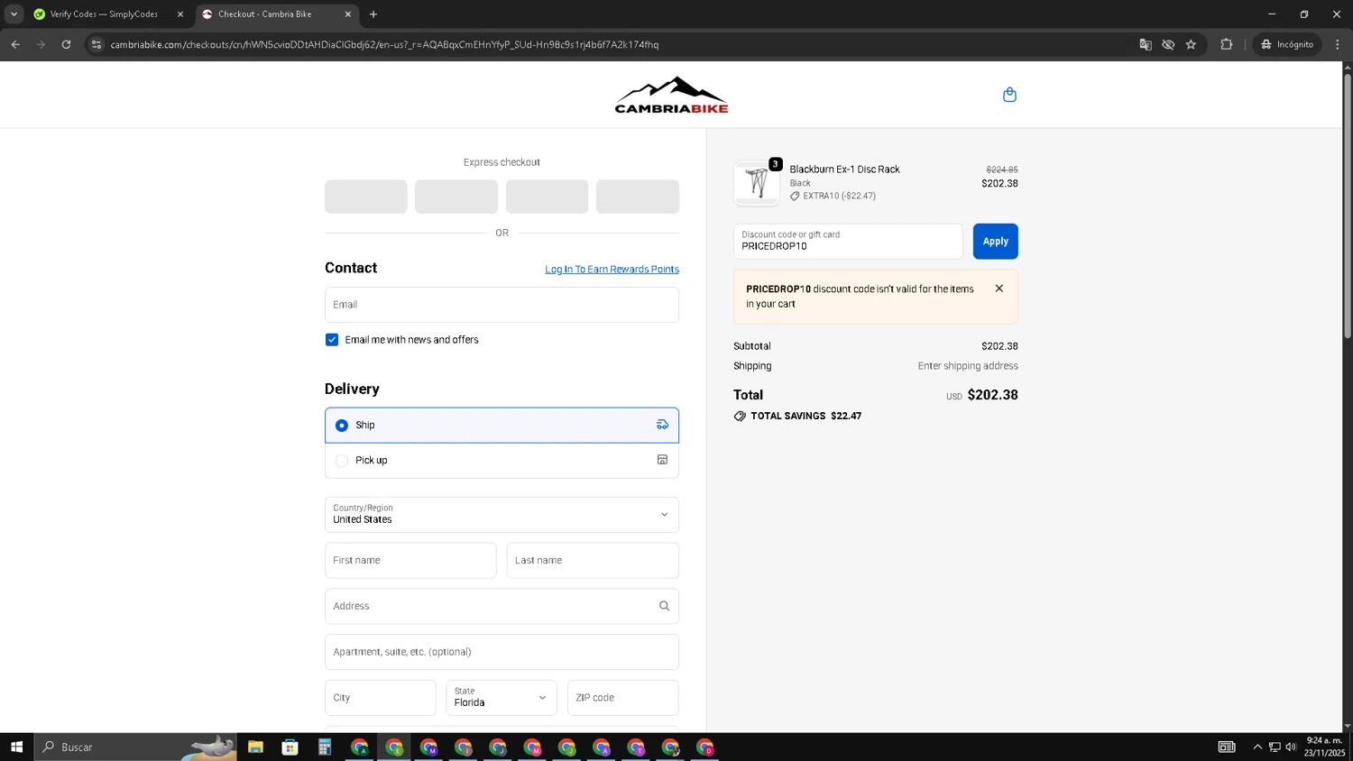 Cambria Bike discount code screenshot showing code PRICEDROP10 applied at Cambria Bike checkout page. Uploaded by SimplyCodes community member SUZUKIV on Nov 23, 2025
