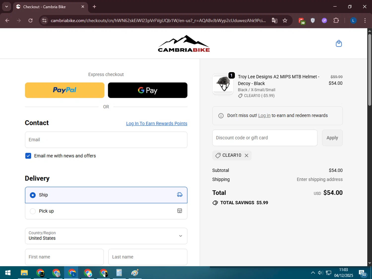 Cambria Bike discount code screenshot showing code CLEAR10 applied at Cambria Bike checkout page. Uploaded by SimplyCodes community member LegendaryLegend5536 on Dec 4, 2025