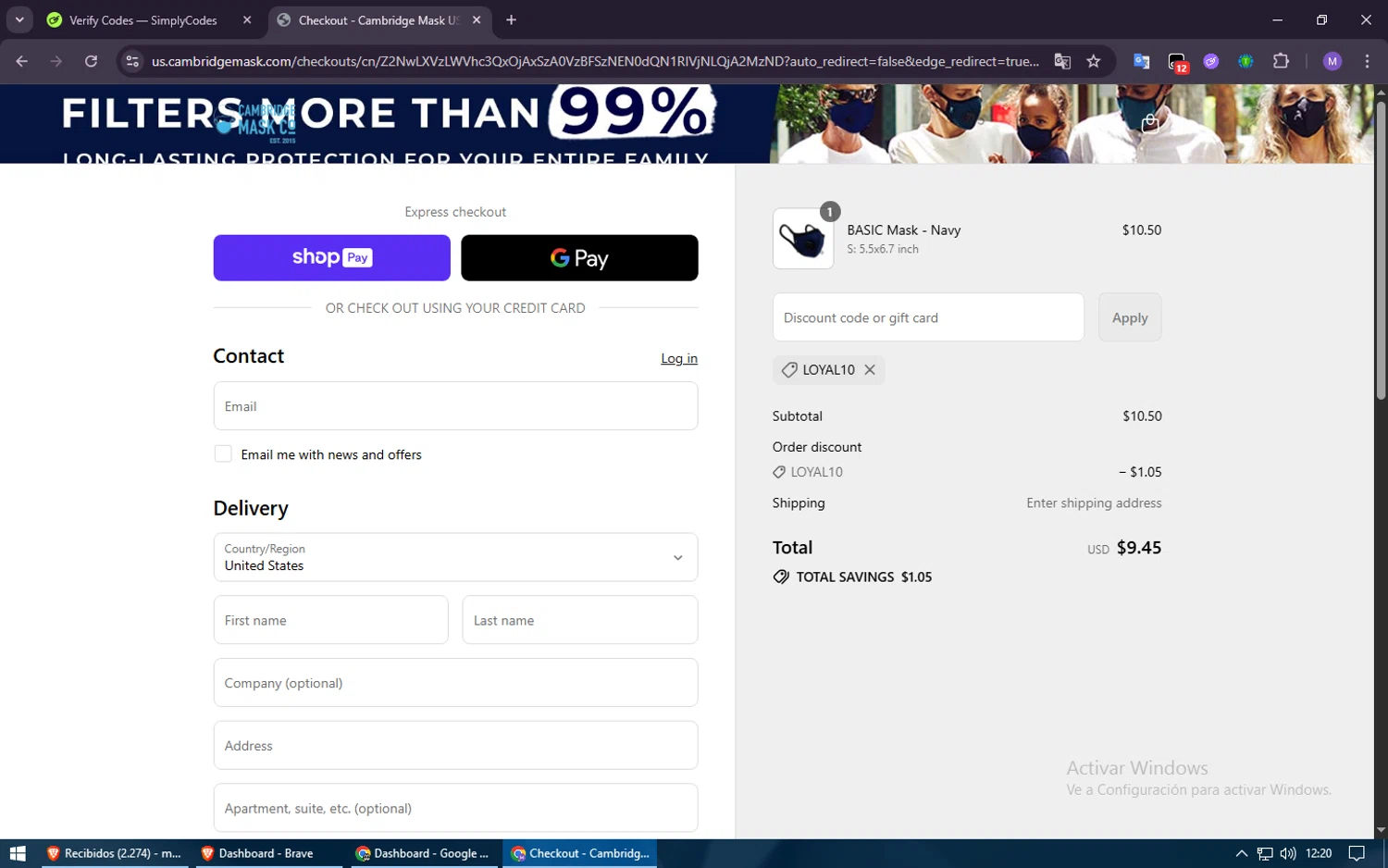 Cambridge Mask promo code screenshot showing code LOYAL10 applied at Cambridge Mask checkout page. Uploaded by SimplyCodes community member ShieldElite2370 on Jul 14, 2025