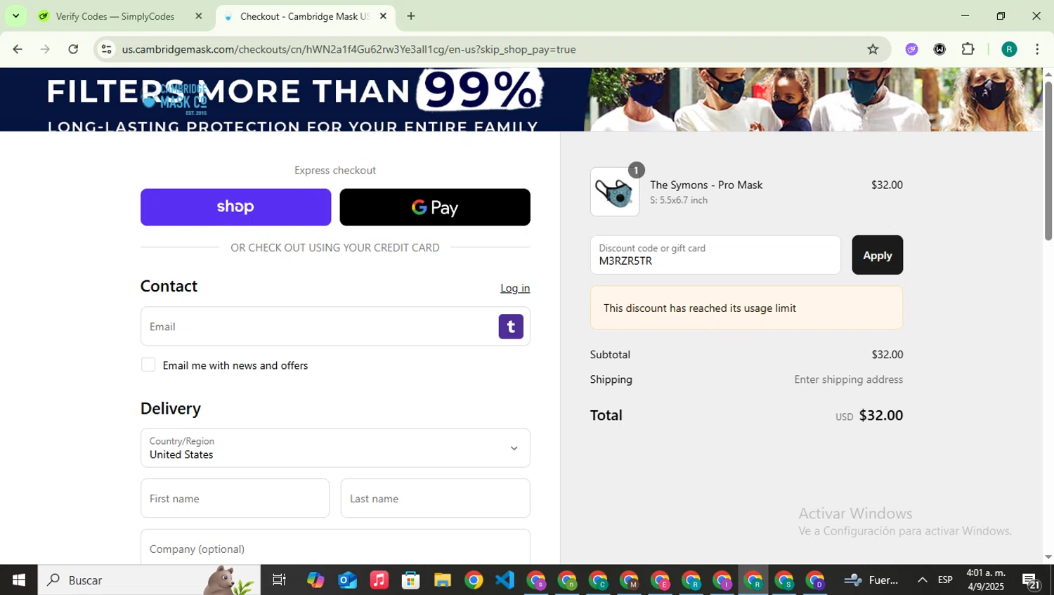 Cambridge Mask promo code screenshot showing code M3RZR5TR applied at Cambridge Mask checkout page. Uploaded by SimplyCodes community member SavingsLegend387 on Sep 4, 2025