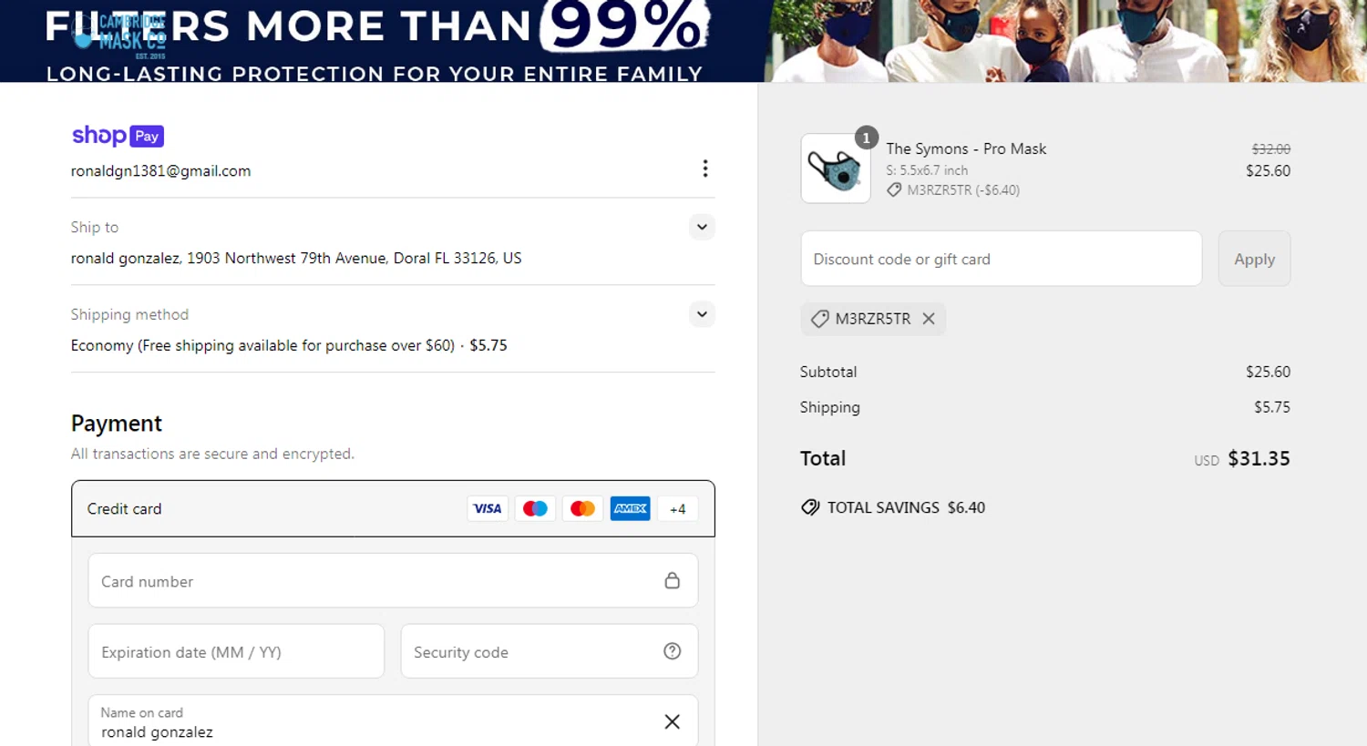 Cambridge Mask promo code screenshot showing code M3RZR5TR applied at Cambridge Mask checkout page. Uploaded by SimplyCodes community member Yuskecoder426913 on Jun 5, 2025