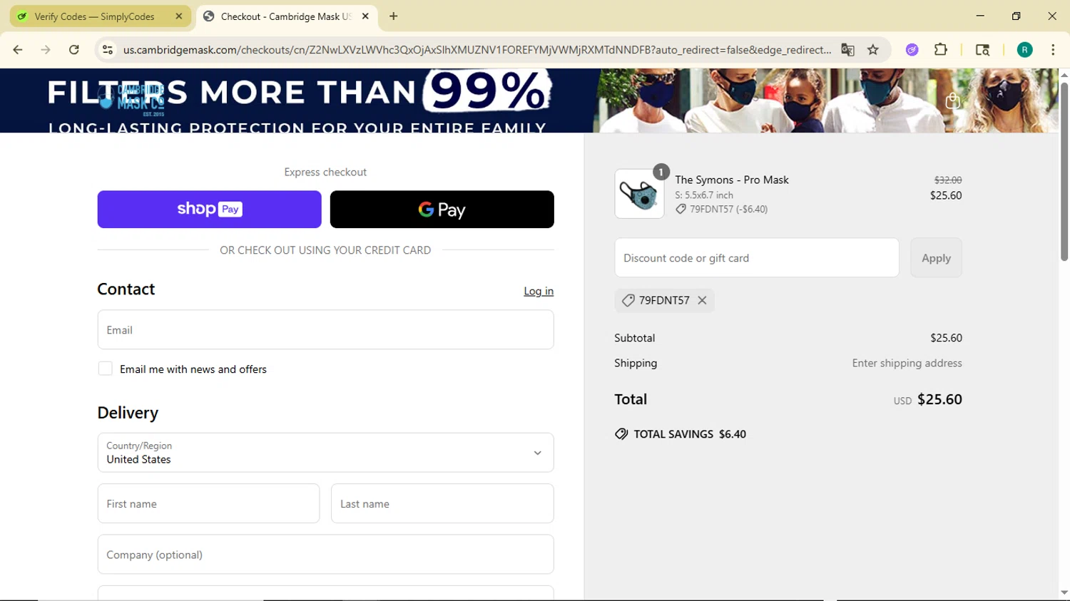 Cambridge Mask promo code screenshot showing code 79FDNT57 applied at Cambridge Mask checkout page. Uploaded by SimplyCodes community member BargainMonarch6495 on Jun 16, 2025
