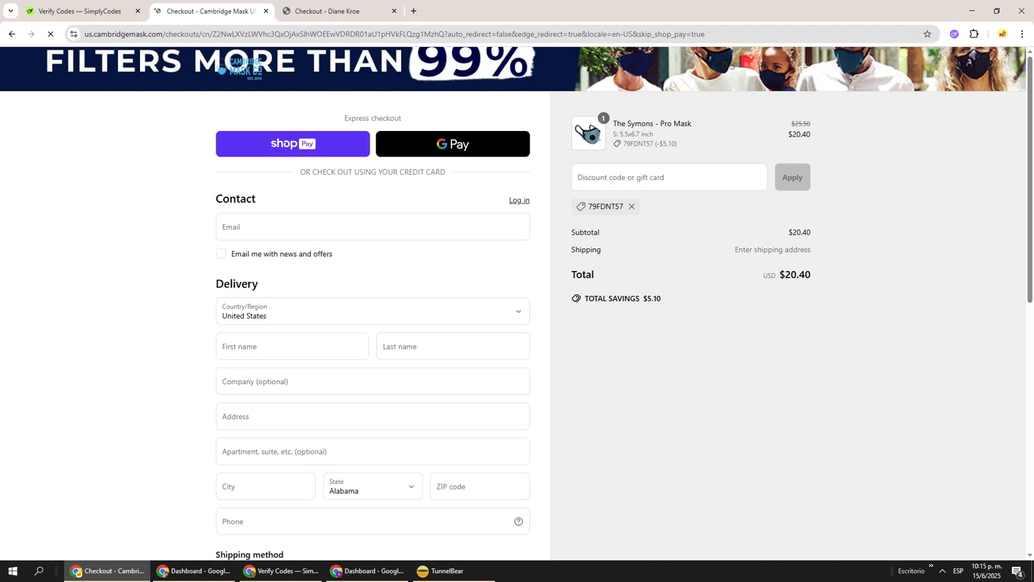 Cambridge Mask promo code screenshot showing code 79FDNT57 applied at Cambridge Mask checkout page. Uploaded by SimplyCodes community member Richard251 on Jun 16, 2025