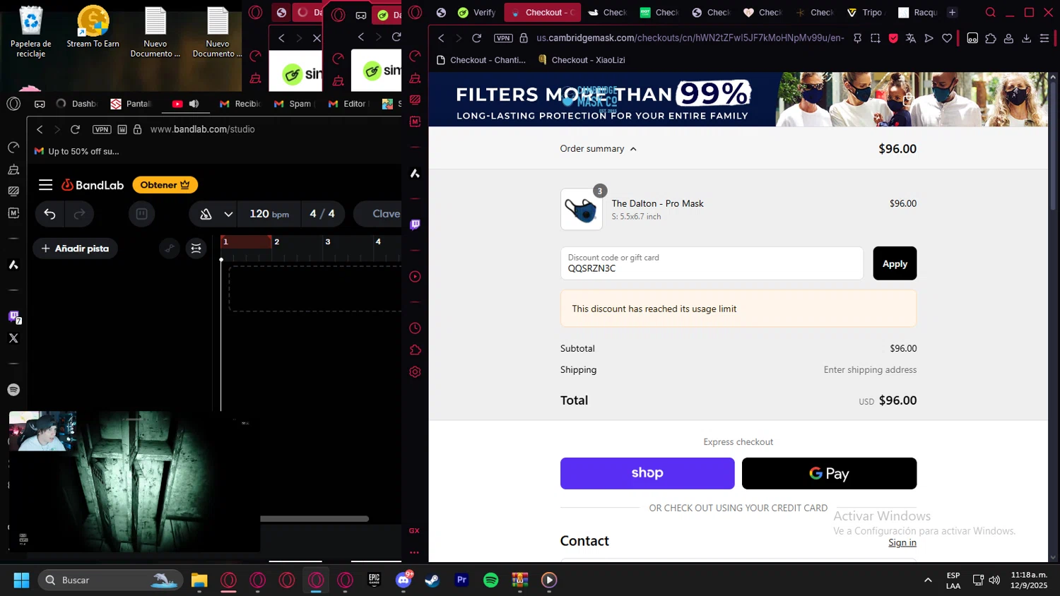 Cambridge Mask promo code screenshot showing code QQSRZN3C applied at Cambridge Mask checkout page. Uploaded by SimplyCodes community member Halanweik on Sep 12, 2025